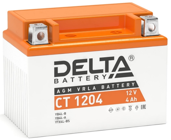 Мото аккумулятор Delta CT 1204:12В, 4Ач. Стартовый ток 50А.