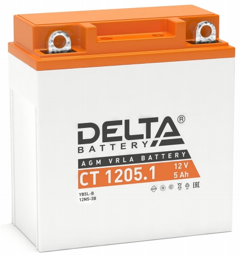 Мото аккумулятор Delta CT 1205.1: 12В, 5Ач. Стартовый ток 65А.
