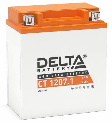 Мото аккумулятор Delta CT 1207.1: 12В, 7Ач. Стартовый ток 100А.