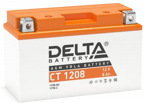 Мото аккумулятор Delta CT 1208: 12В, 8Ач. Стартовый ток 110А.