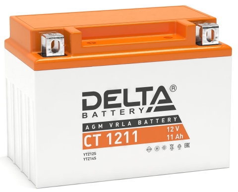Мото аккумулятор Delta CT 1211: 12В, 11Ач. Стартовый ток 210А.