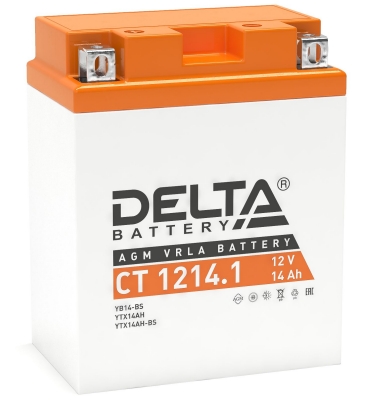 Мото аккумулятор Delta CT 1214.1: 12В, 14Ач. Стартовый ток 165А.