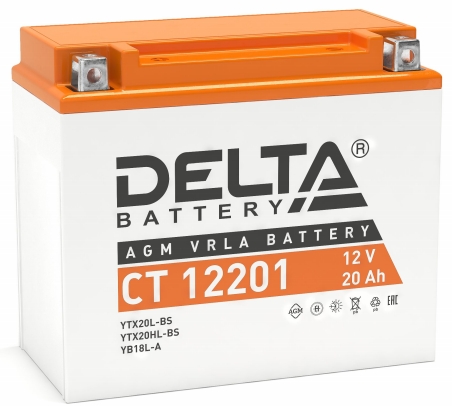 Мото аккумулятор Delta CT 12201: 12В, 20Ач. Стартовый ток 270А.