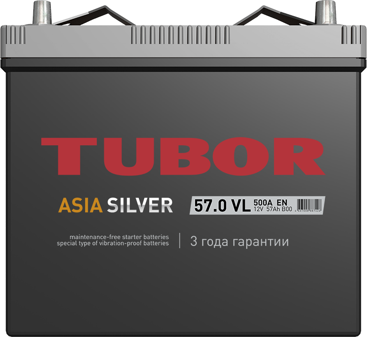 Автомобильный аккумулятор TUBOR Asia Silver 6СТ-57.0 VL (В24), 57Ач, 500 EN, азия, прям.