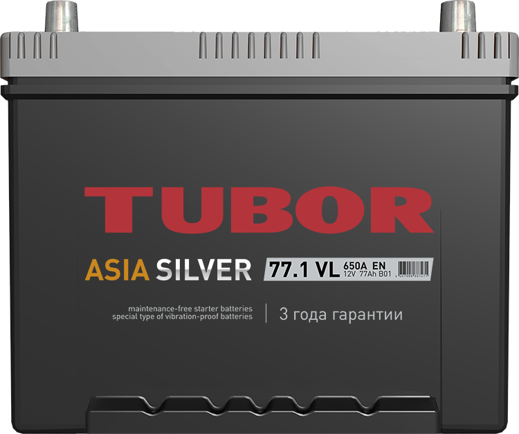 Автомобильный аккумулятор TUBOR Asia Silver 6СТ-77.1 VL (D26), 77Ач, 650 EN, азия, обр.